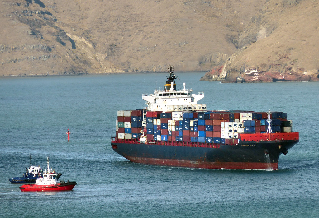 Container ship leaving port
